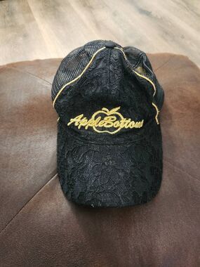 Apple Bottoms Y2K Embroidered Black Gold Lace Snap Back Hat One Size Nylon